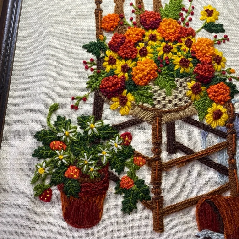 Vintage Crewel Floral Embroidered Art with Wooden Frame - Picture 3 of 7